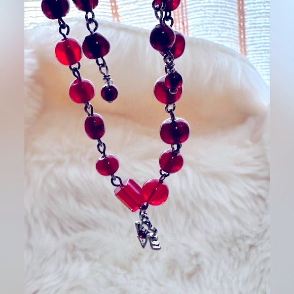 4-Tier Red Amber Gems, 925s Dangle Earring+Bracelet w/Sweet Ruby L♥️VE CHARM Set - Picture 3 of 16